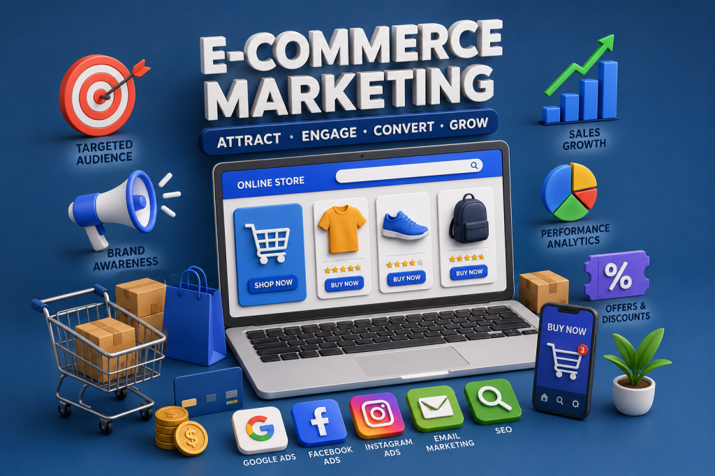 3D e-commerce marketing illustration showing an online store, targeted audience, digital advertising, sales growth, shopping cart, analytics, and SEO