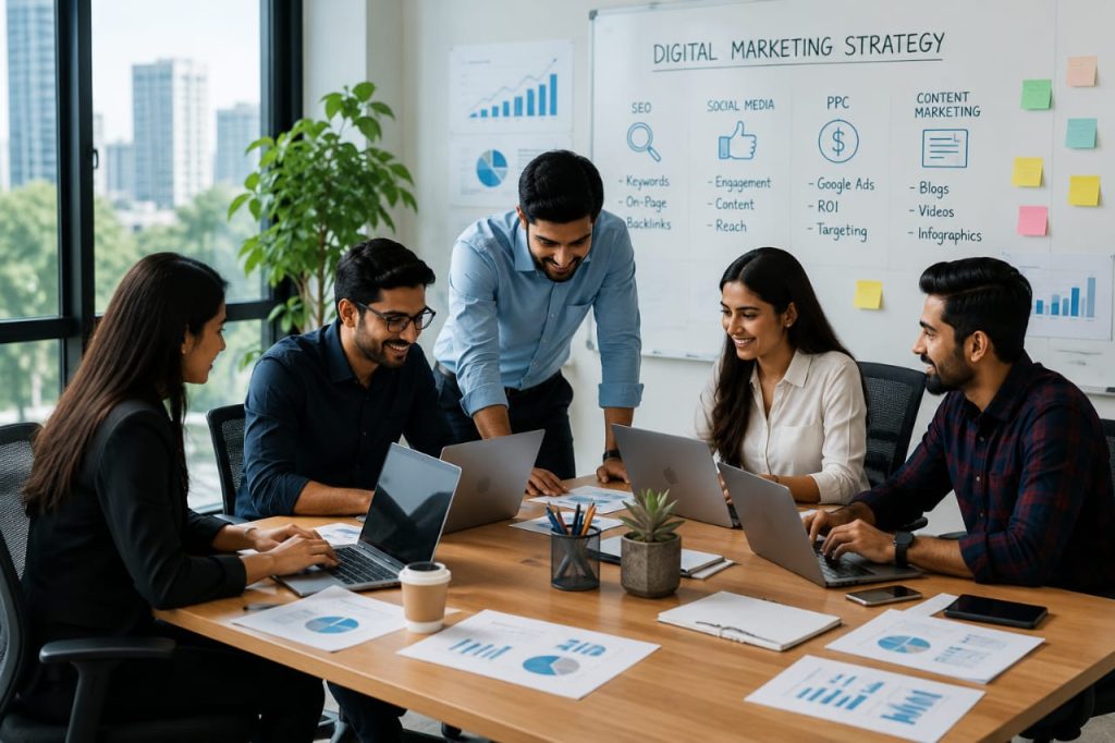 Digital marketing team working together in a modern office.